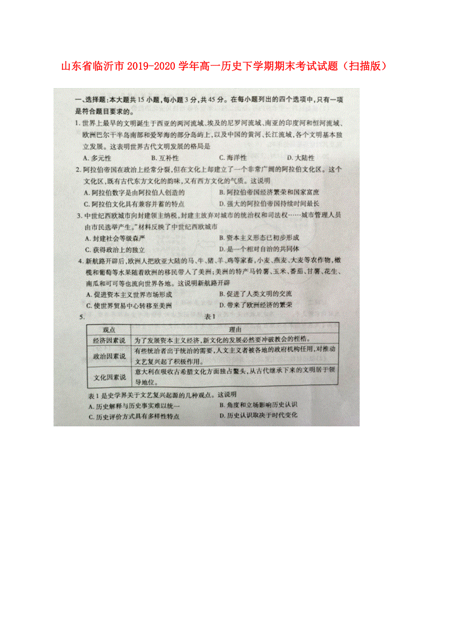 山东省临沂市2019-2020学年高一历史下学期期末考试试题（扫描版）.doc_第1页