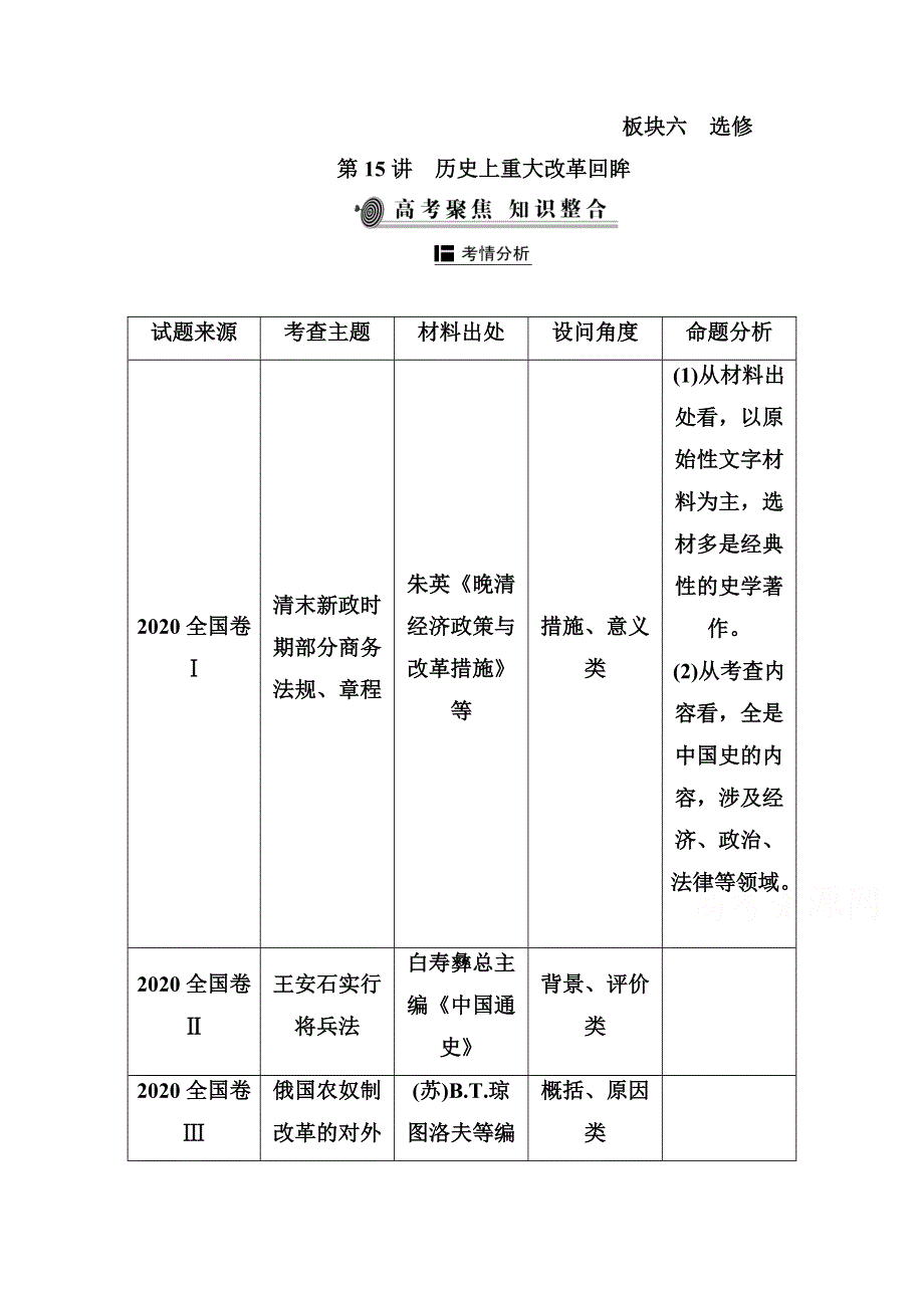 2021届新高考历史二轮（选择性考试）专题复习学案：第15讲　历史上重大改革回眸 WORD版含解析.doc_第1页