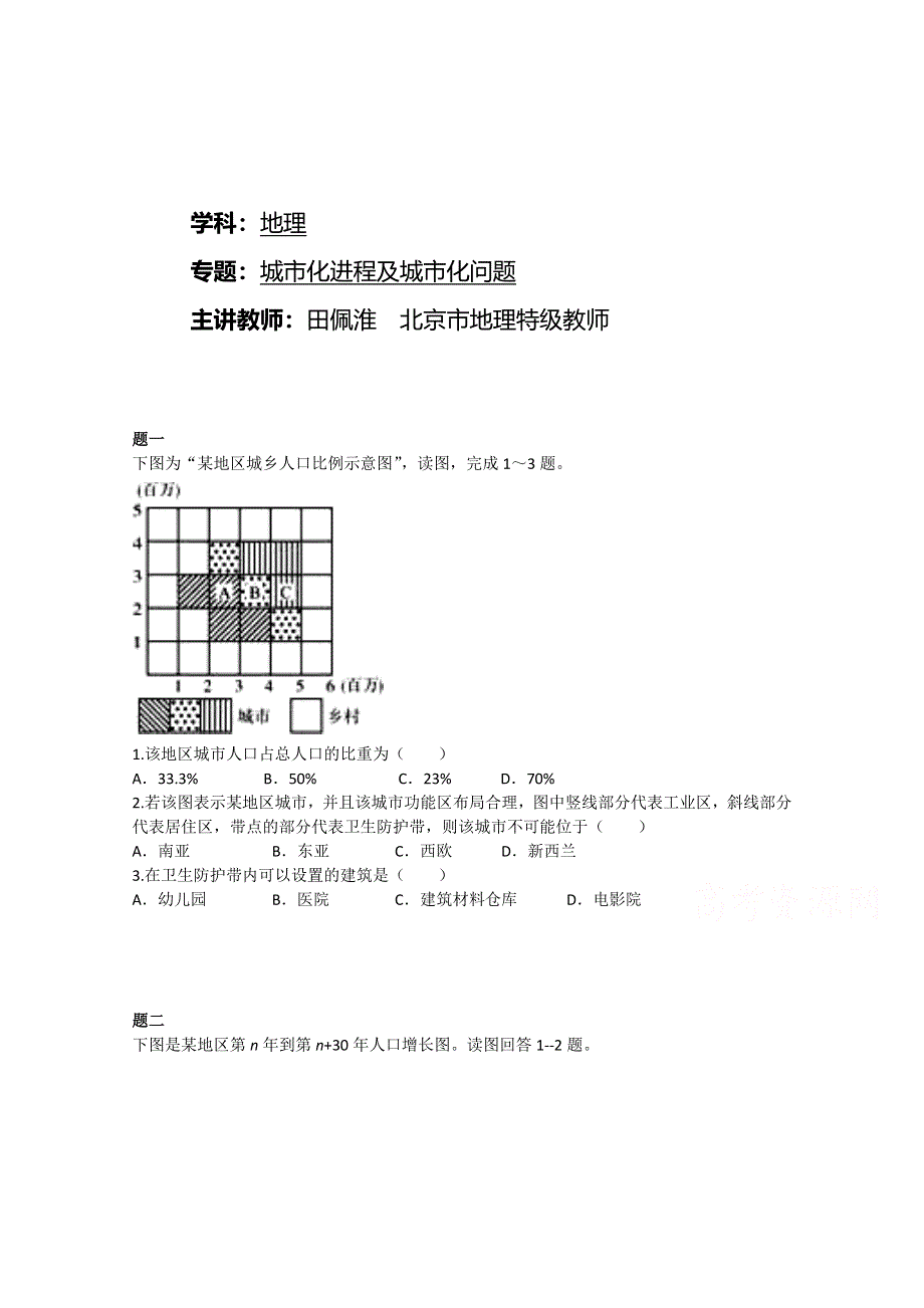 《北京特级教师》2014-2015学年人教版高中地理必修二课后练习：城市化进程及城市化问题 二.doc_第1页