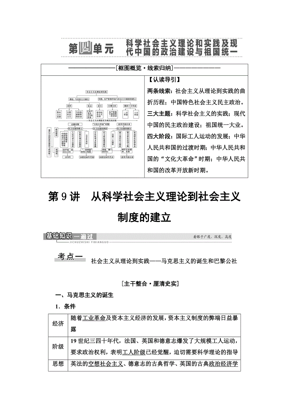 2021届新高考历史人教版一轮复习学案：模块1 第4单元 第9讲　从科学社会主义理论到社会主义制度的建立 WORD版含答案.doc_第1页