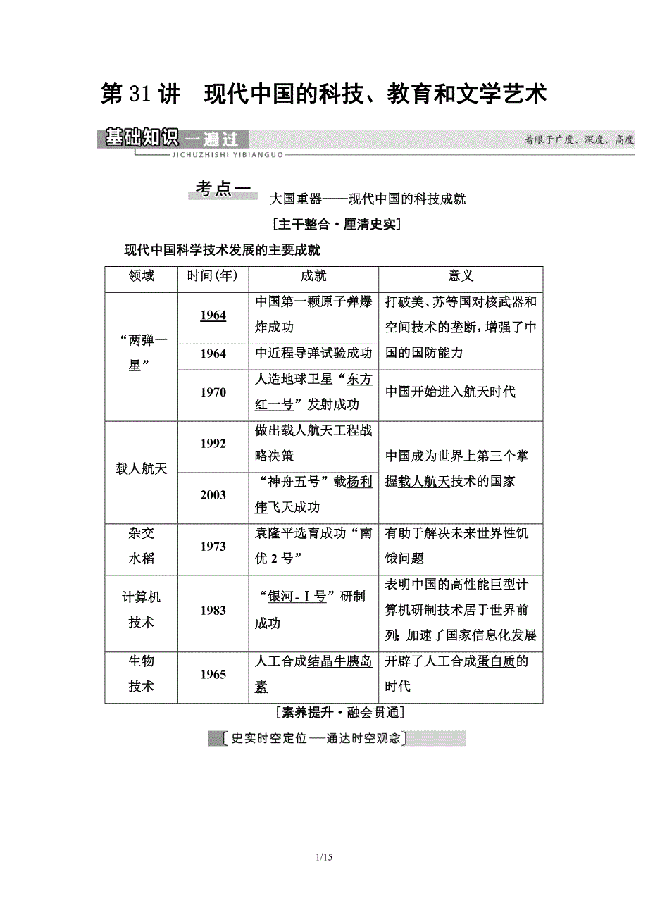 2021届新高考历史人教版一轮复习学案：模块3 第14单元 第31讲　现代中国的科技、教育和文学艺术 WORD版含答案.doc_第1页