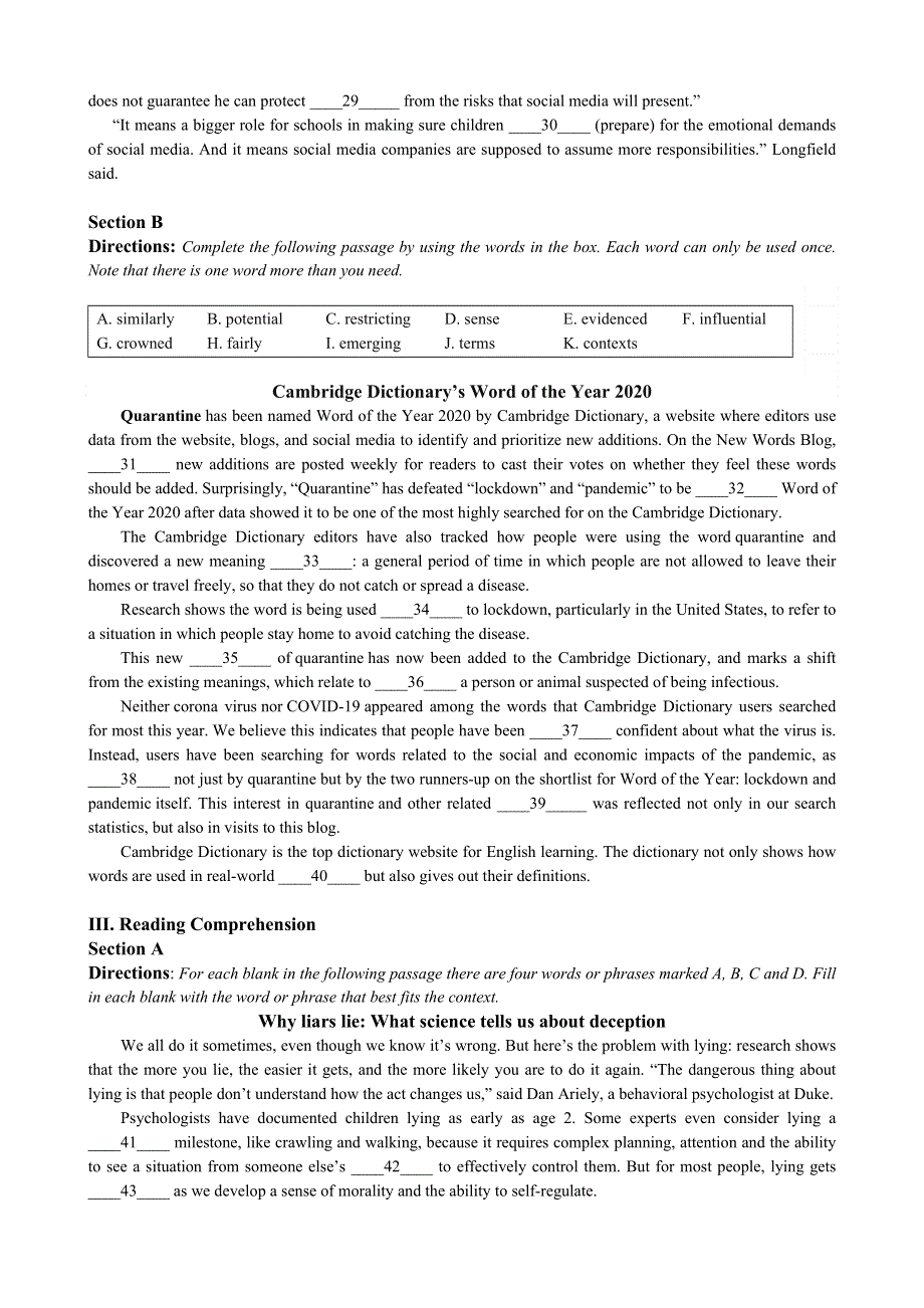 上海市奉贤区2021届高三上学期期末考试（一模）（12月）英语试题 WORD版含答案.docx_第3页