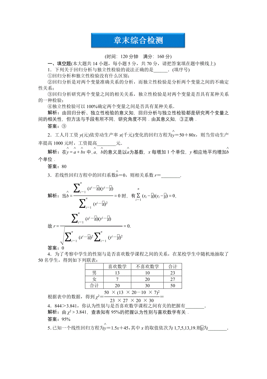 2012【优化方案】精品练：数学苏教版选修2-3第3章章末综合检测.doc_第1页