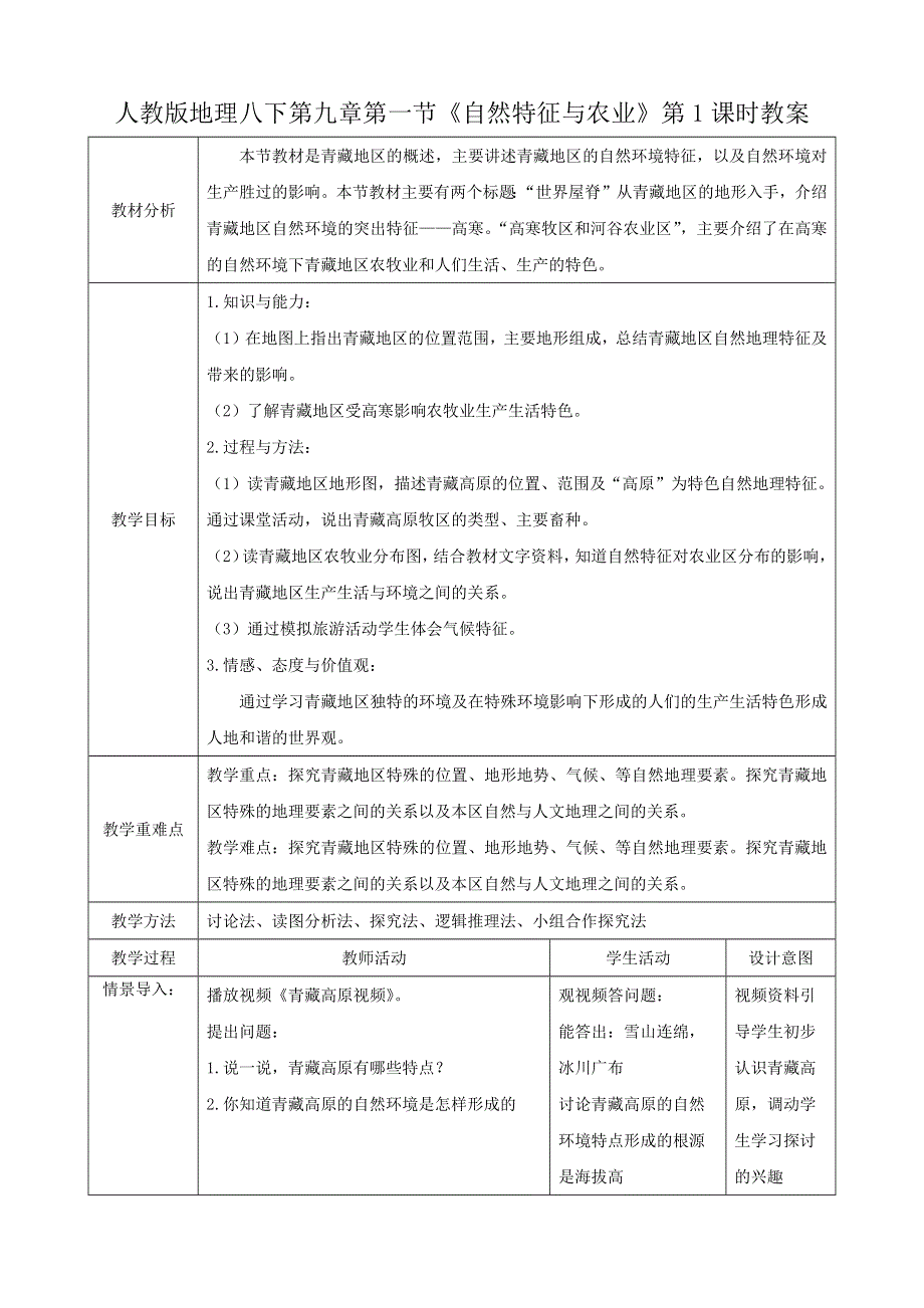 人教八下第九章西藏地区9.1.1《自然特征与农业》）教案.docx_第1页