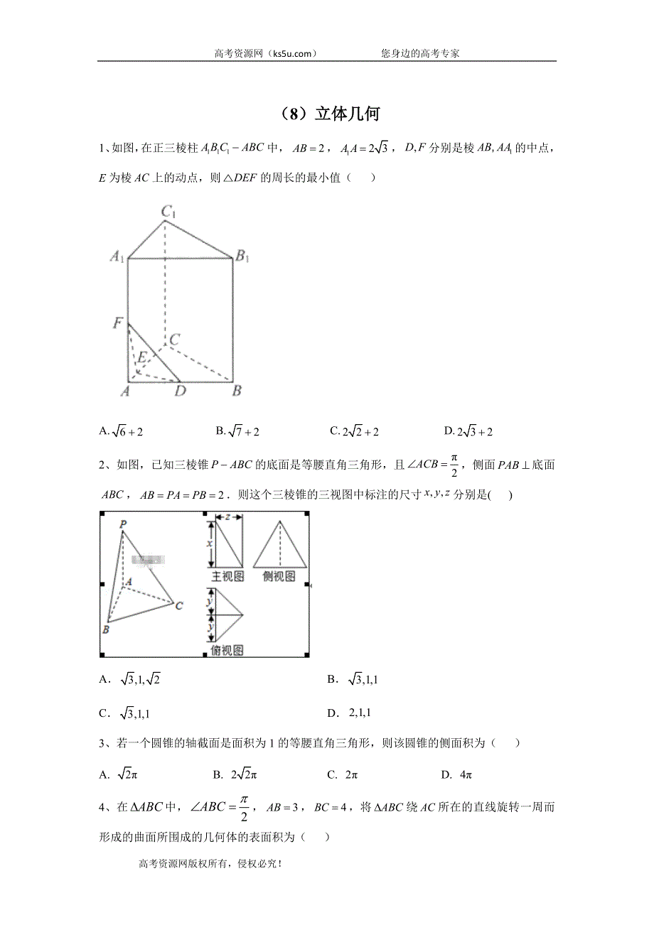 2020届高考数学（理）二轮复习专题检测（8）立体几何 WORD版含答案.doc_第1页