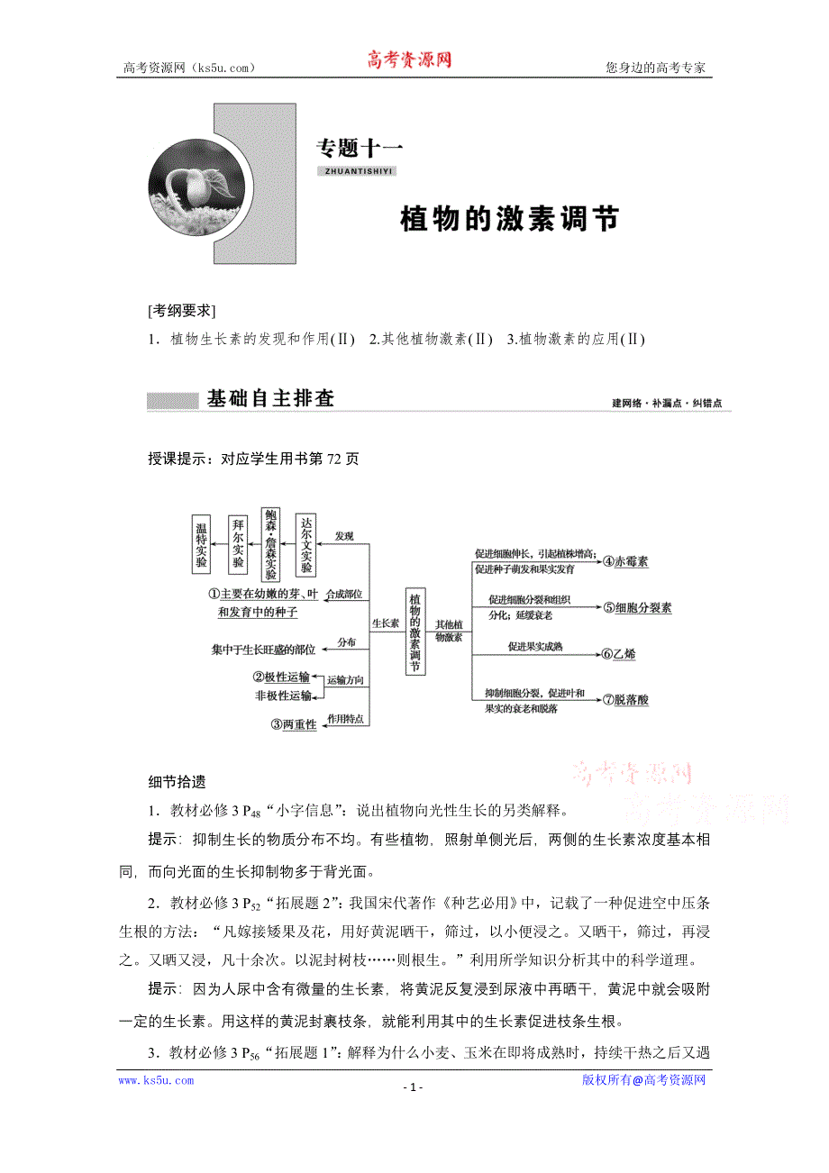 2021届新高考生物二轮学案：专题十一　植物的激素调节 WORD版含解析.doc_第1页