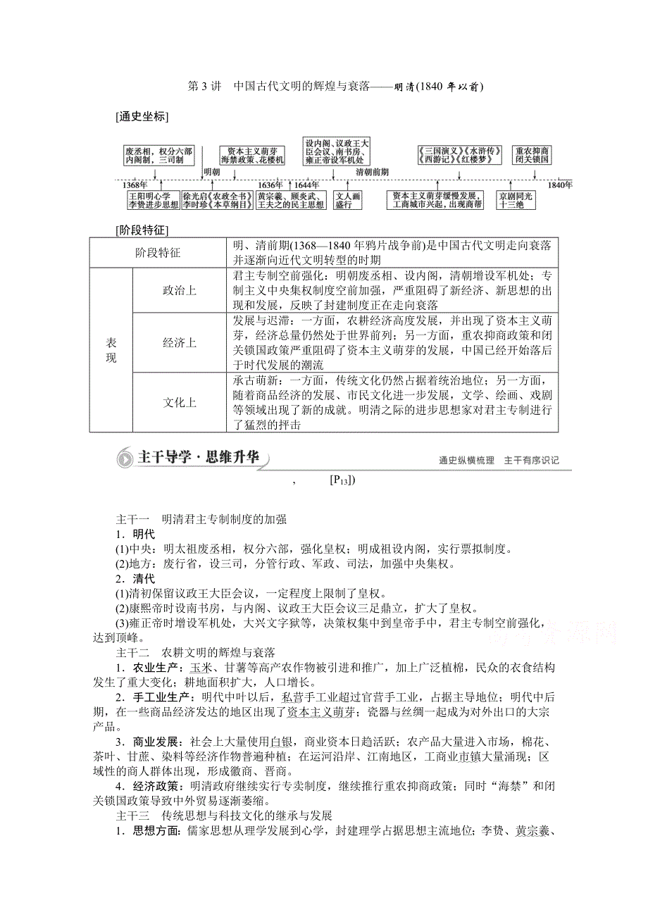 《优化方案》2015高考历史二轮配套资料：第1部分 专题1 第1步 第3讲　中国古代文明的辉煌与衰落——明清（1840年以前） 讲义 .doc_第1页