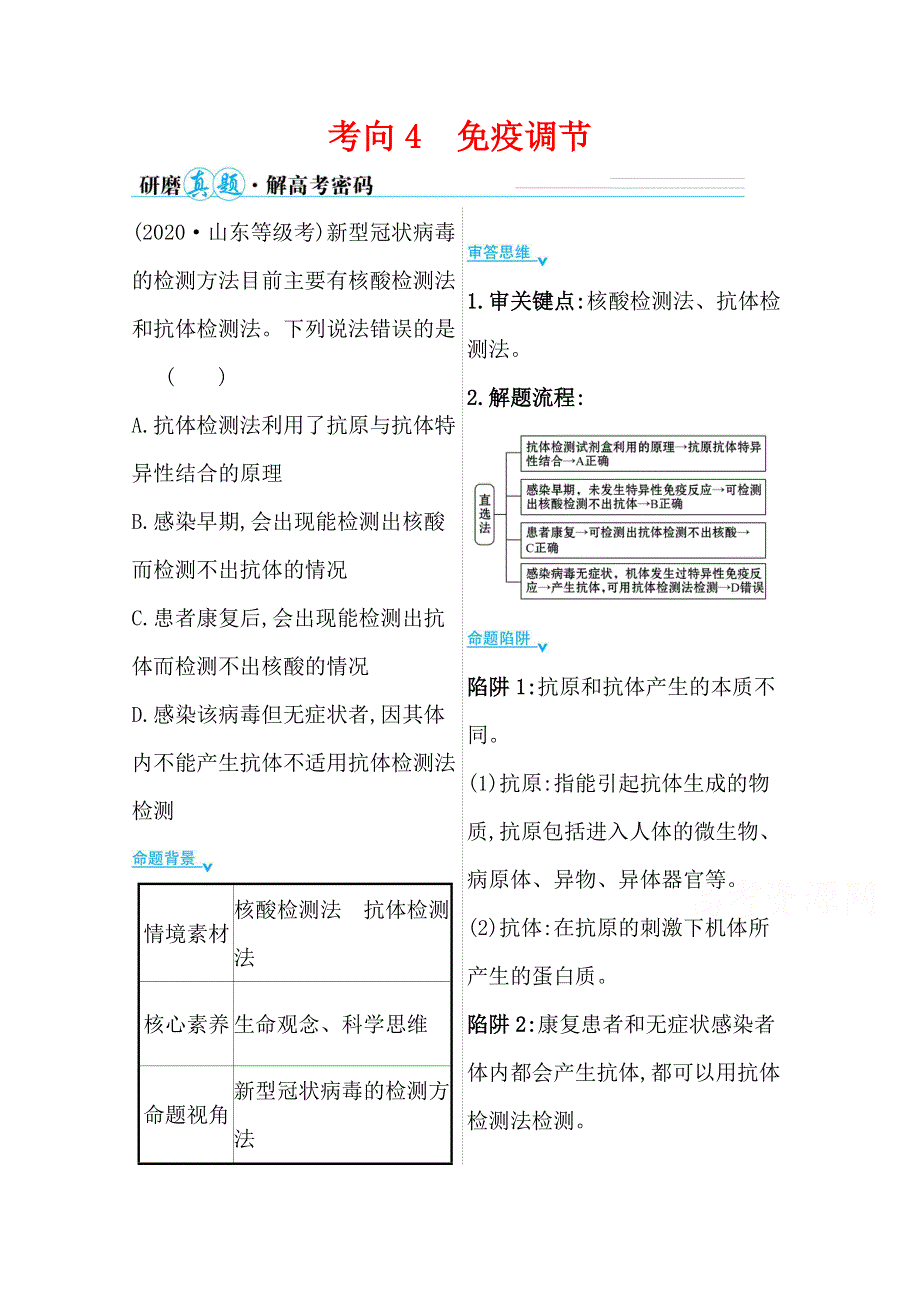 2021届新高考生物山东专用二轮考前复习学案：第一篇 专题7 考向4 免疫调节 WORD版含解析.doc_第1页