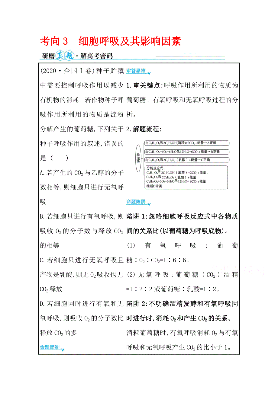 2021届新高考生物山东专用二轮考前复习学案：第一篇 专题2 考向3 细胞呼吸及其影响因素 WORD版含解析.doc_第1页