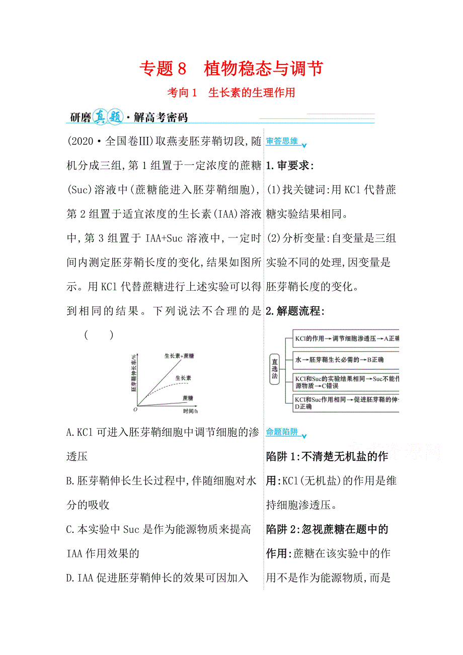 2021届新高考生物山东专用二轮考前复习学案：第一篇 专题8 考向1 生长素的生理作用 WORD版含解析.doc_第1页