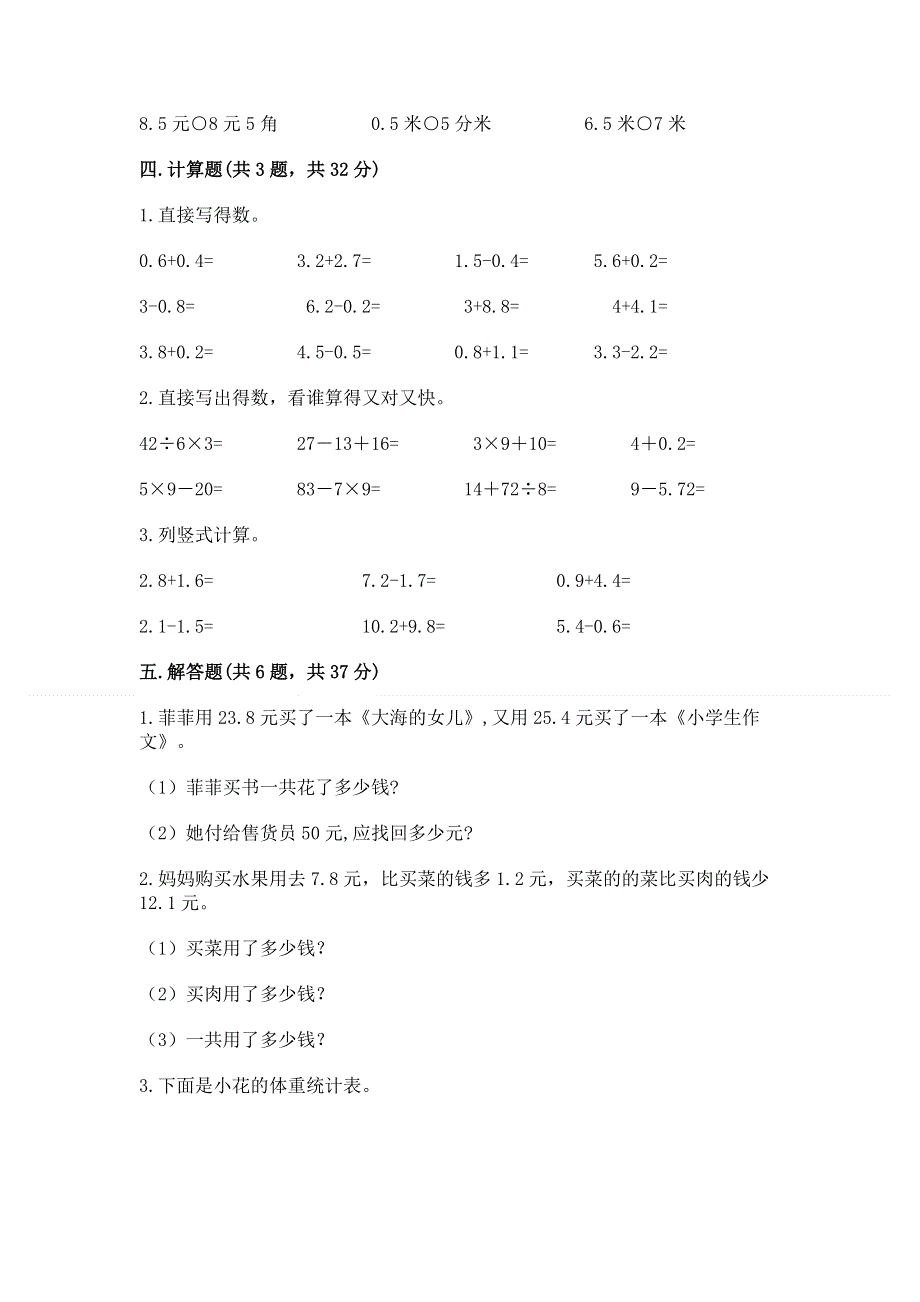 人教版三年级下册数学第七单元《小数的初步认识》测试卷及完整答案（易错题）.docx_第3页