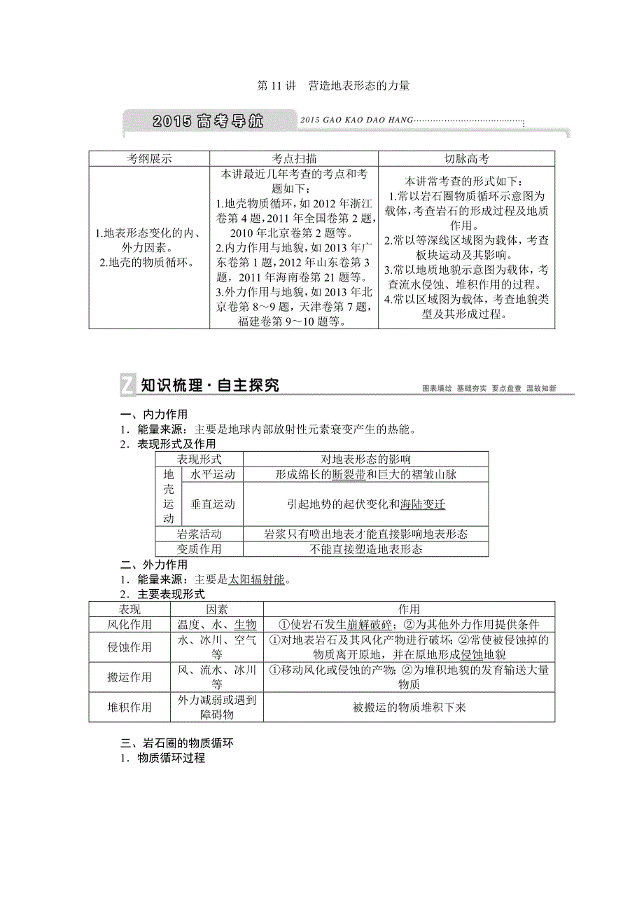 《优化方案》2015高考地理一轮复习配套文档：第11讲　营造地表形态的力量.doc_第1页