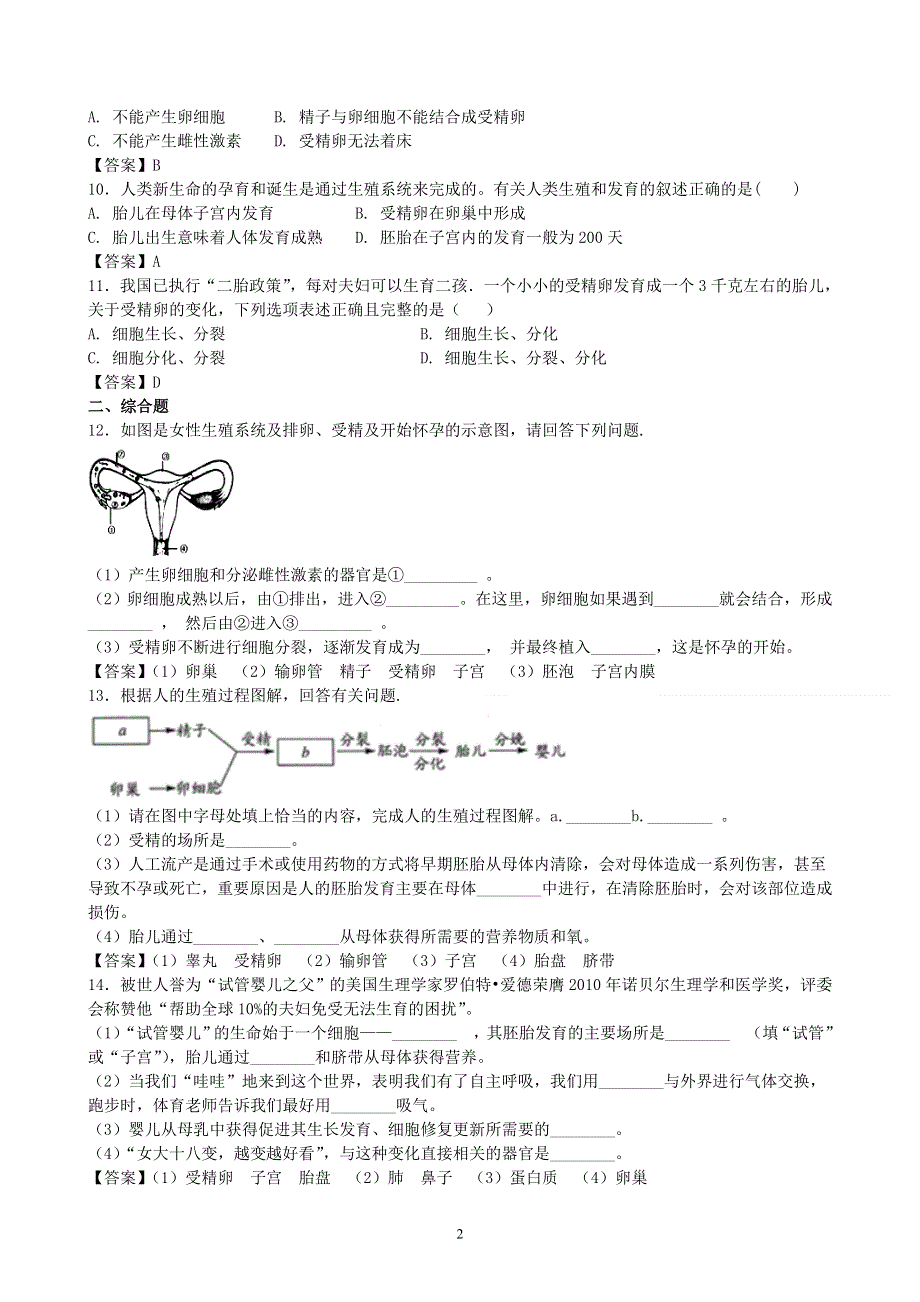 人教版初一生物下册：第1章第二节《人的生殖》同步测试1.doc_第2页