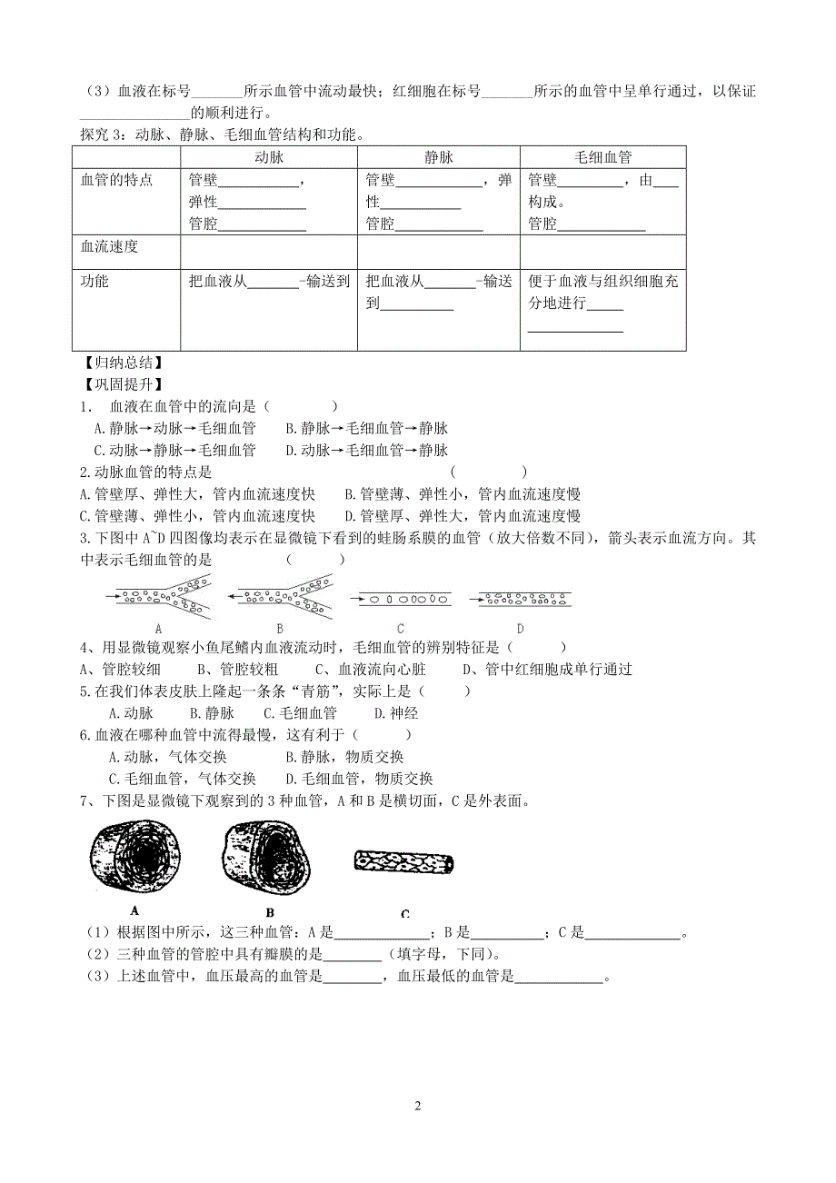 人教版初一生物下册：第4章第二节《血流的管道——血管》学案2.doc_第2页