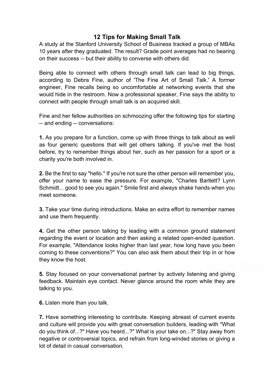 《教材全解》2014-2015学年高中英语外研版选修六参考文章：M1 12 TIPS FOR MAKING SMALL TALK.doc_第1页