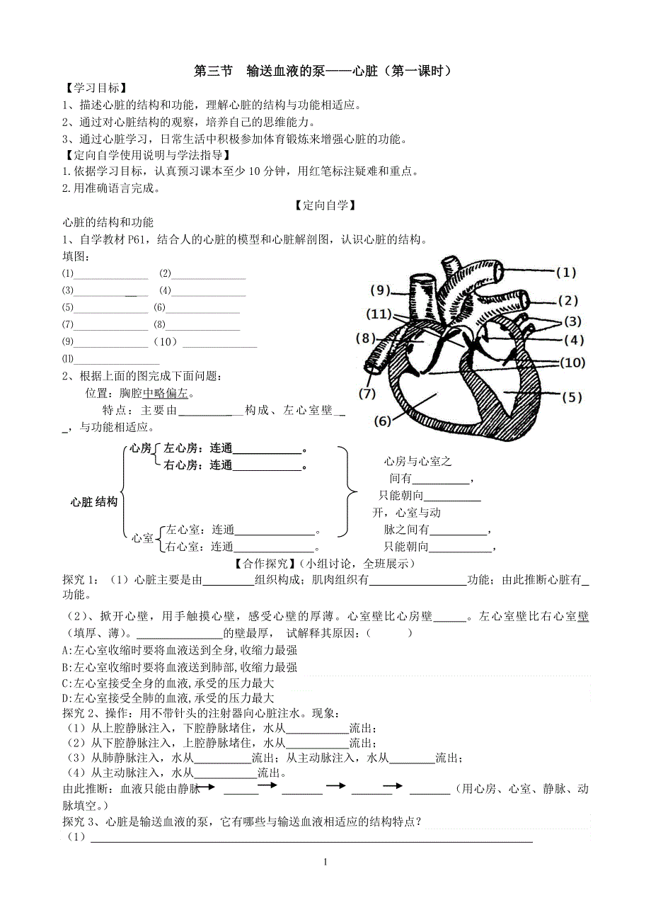 人教版初一生物下册：第4章第三节《输送血液的泵——心脏》学案2（课时1）.doc_第1页