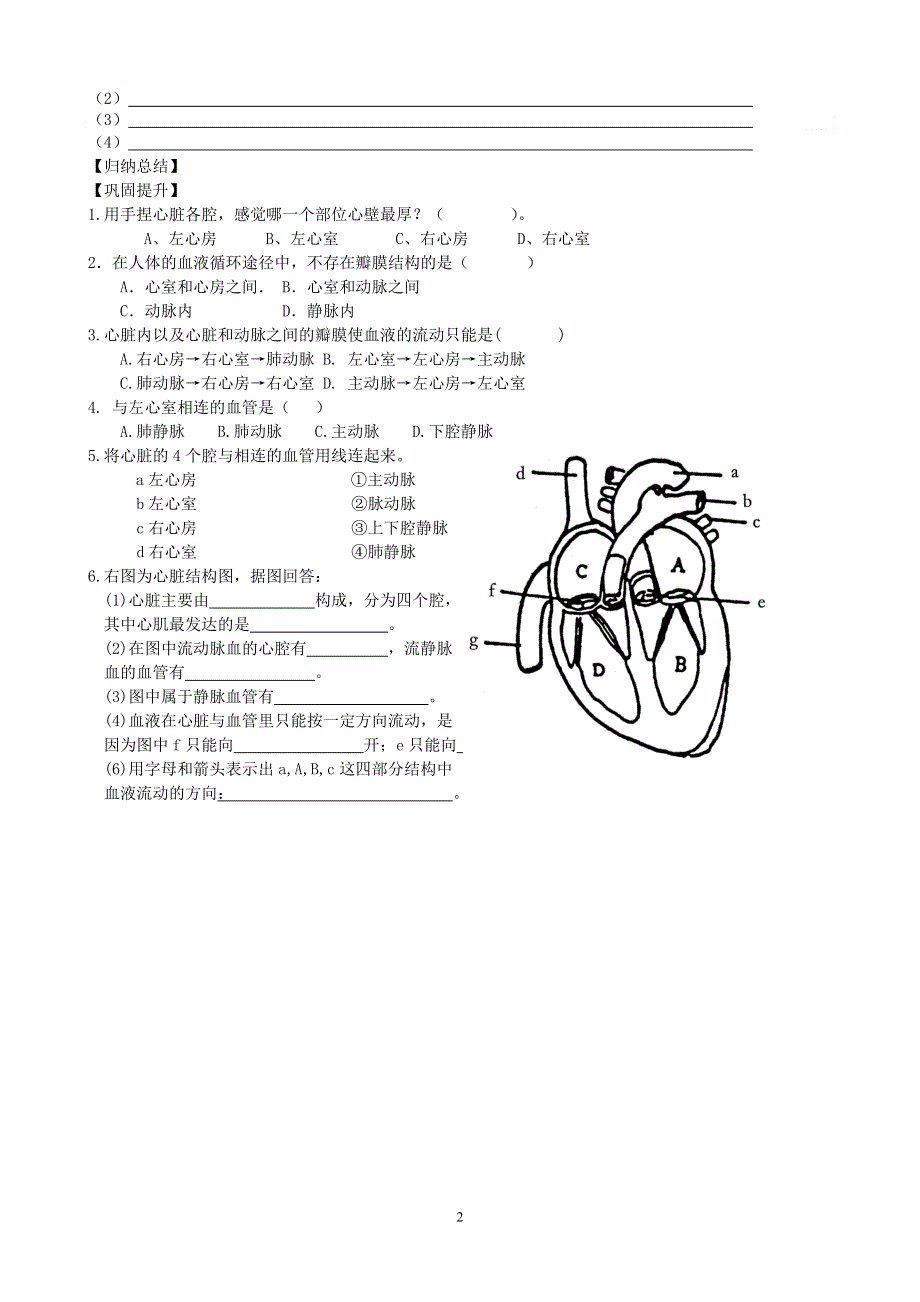 人教版初一生物下册：第4章第三节《输送血液的泵——心脏》学案2（课时1）.doc_第2页
