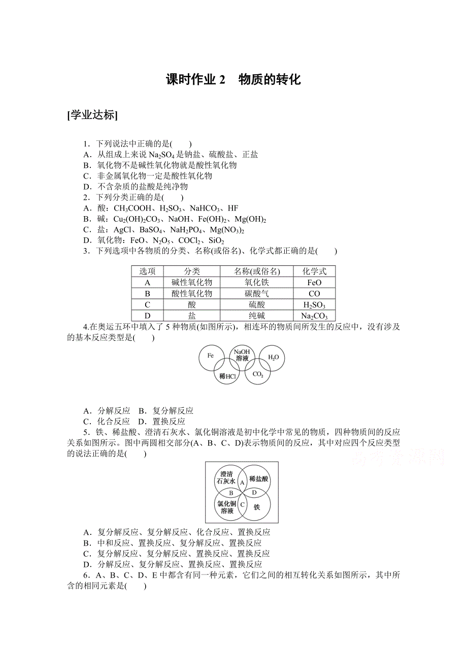 2020-2021学年化学新教材人教版必修1课时作业2 物质的转化 WORD版含解析.doc_第1页