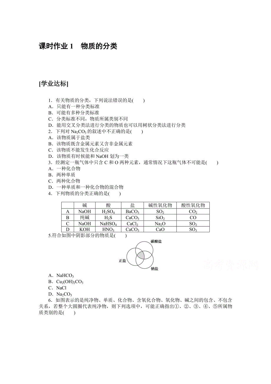 2020-2021学年化学新教材人教版必修1课时作业1 物质的分类 WORD版含解析.doc_第1页