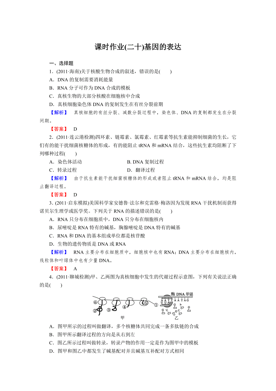 2013届高考生物一轮复习课时作业：20基因的表达.doc_第1页