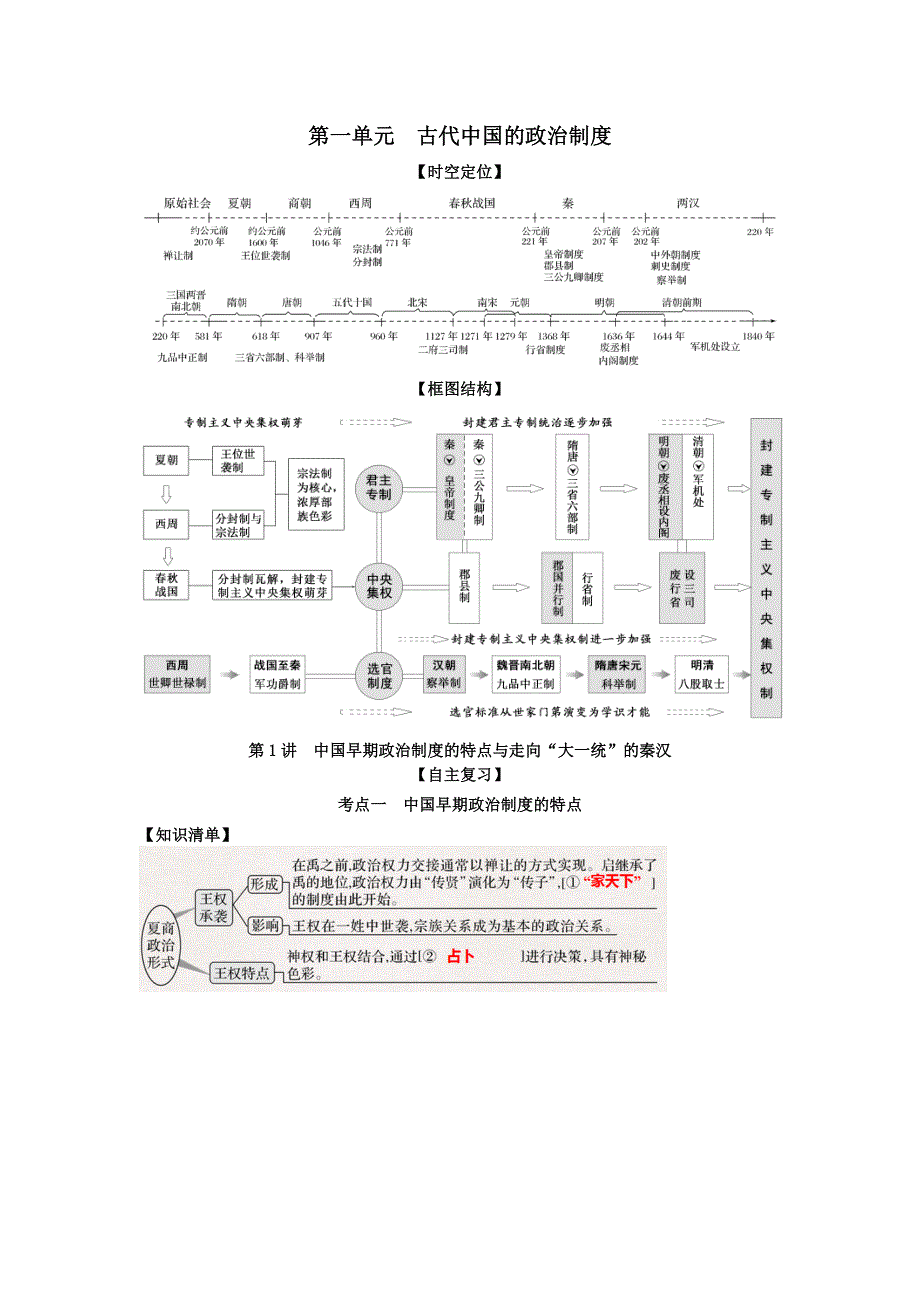 《发布》2022高考历史思维导图一轮复习学案之政治史（人民版）1-1中国早期政治制度的特点与走向“大一统”的秦汉（原卷版） 含解析.doc_第1页