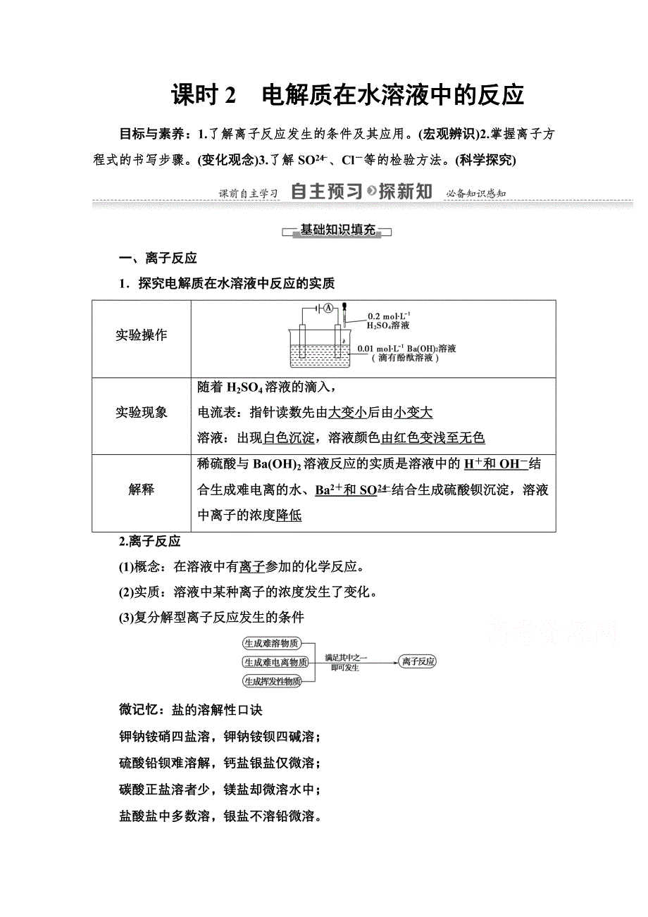 2020-2021学年化学鲁科版必修一教师用书：第2章 第2节 课时2　电解质在水溶液中的反应 WORD版含解析.doc_第1页