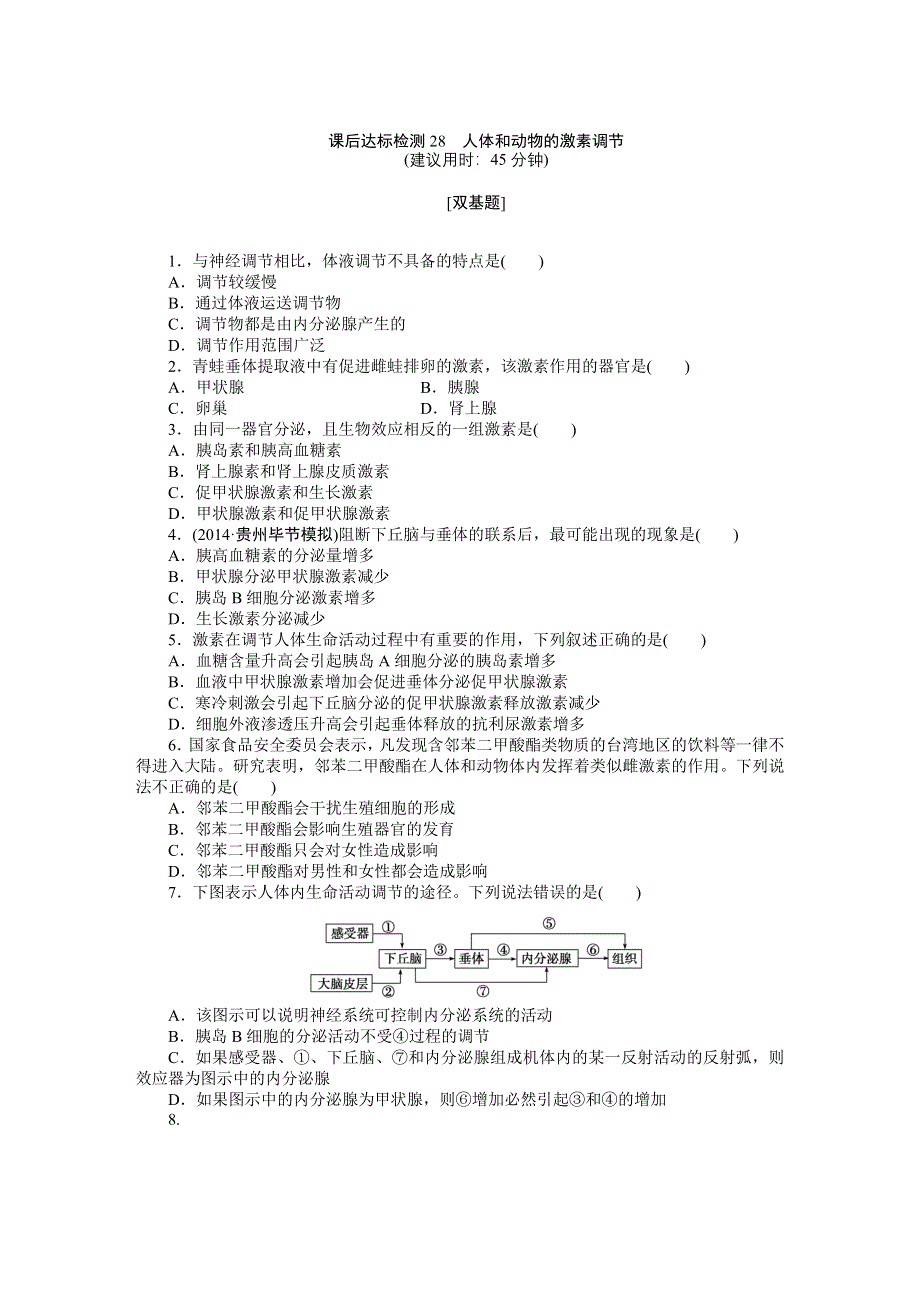 《优化方案》2015高考生物（苏教版）一轮课后达标检测28　人体和动物的激素调节.DOC_第1页