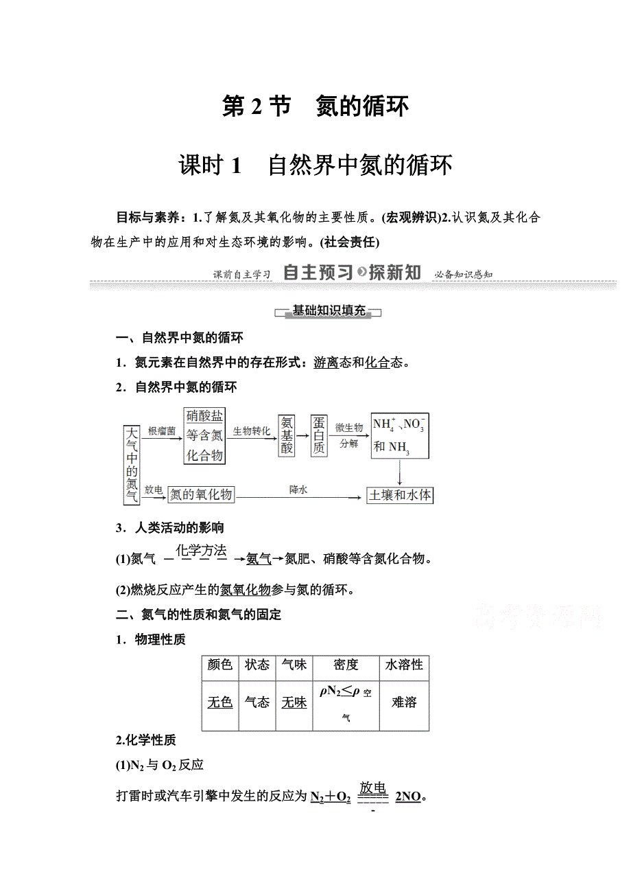 2020-2021学年化学鲁科版必修一教师用书：第3章 第2节 课时1　自然界中氮的循环 WORD版含解析.doc_第1页