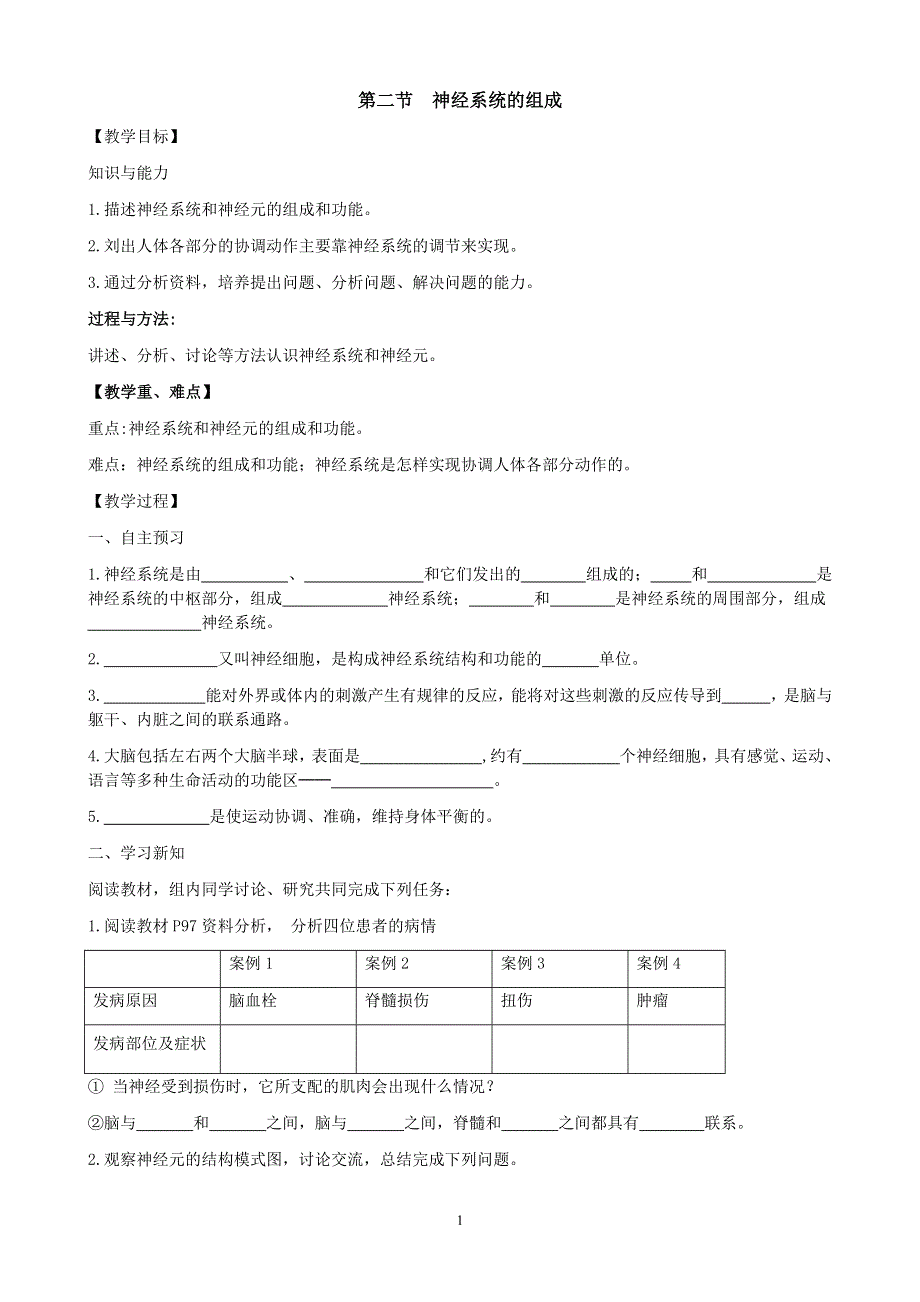 人教版初一生物下册：第6章第二节《神经系统的组成》学案1.doc_第1页