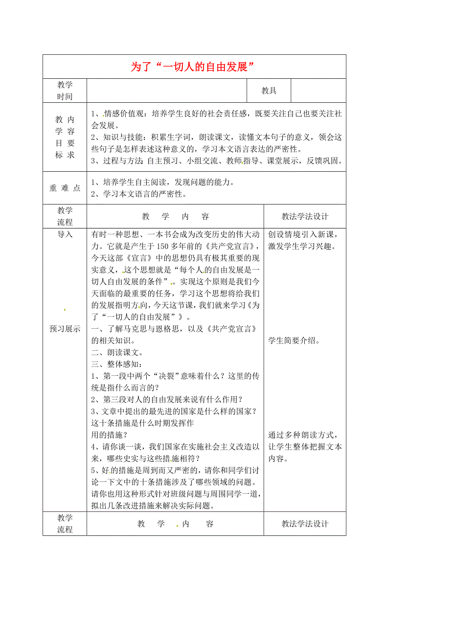 吉林省长春市第一五七中学九年级语文下册第18课为了“一切人的自由发展”教案长春版.docx_第1页