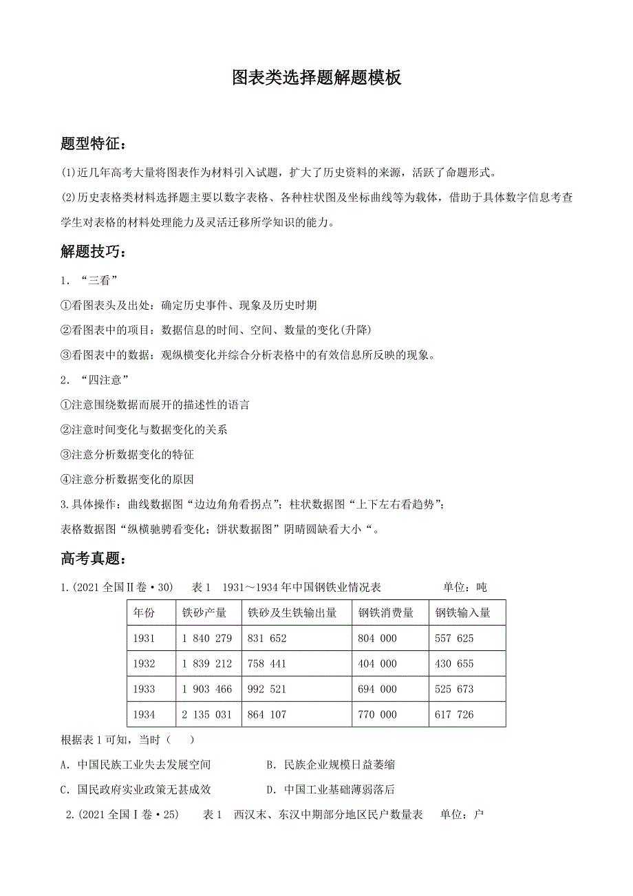 《发布》2022高考历史选择题解题模板5-图表类选择题（原卷版） WORD版.doc_第1页