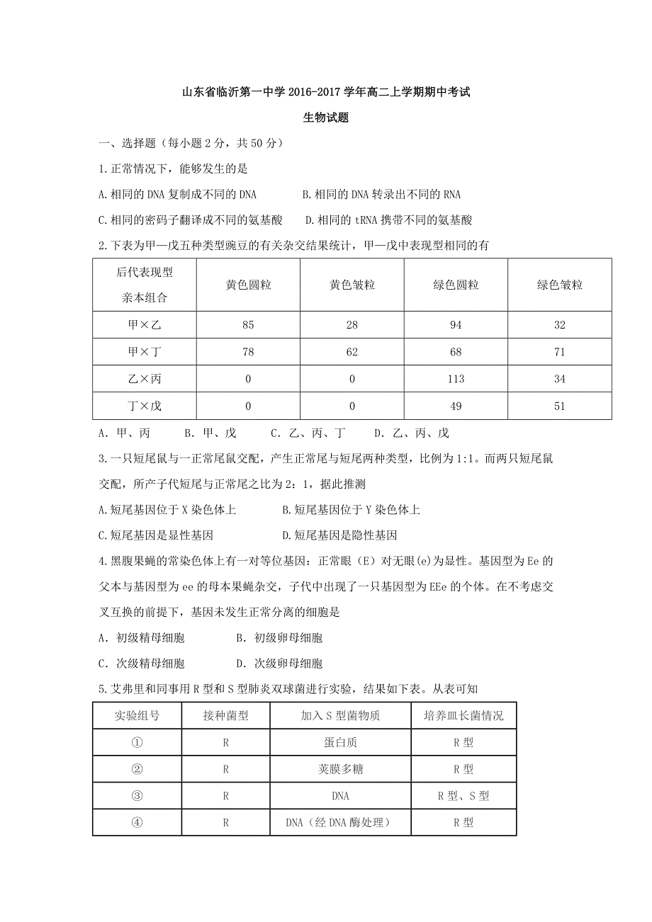 山东省临沂第一中学2016-2017学年高二上学期期中考试生物试题 WORD版含答案.doc_第1页