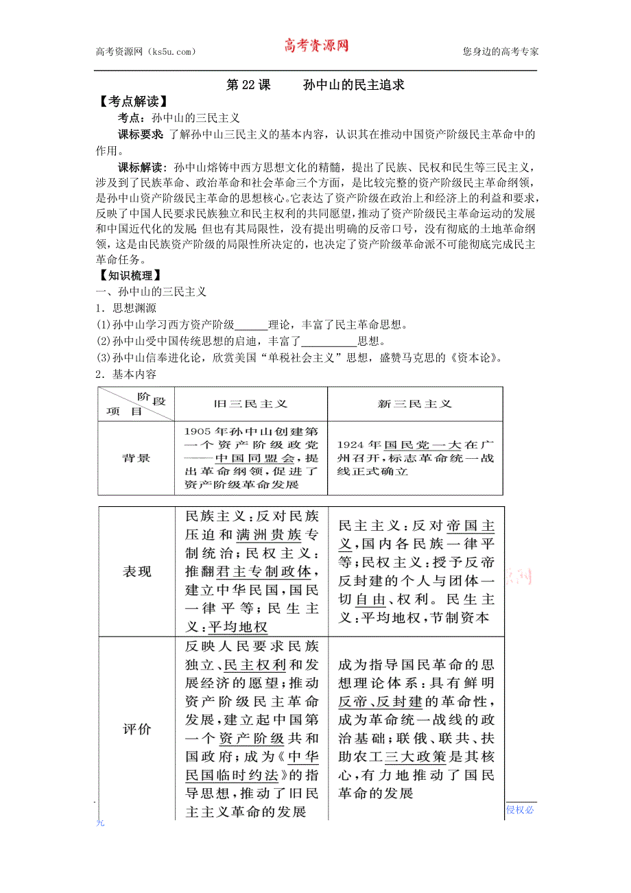 岳麓版历史必修三 学案+课时训练 第22课 孙中山的民主追求.doc_第1页