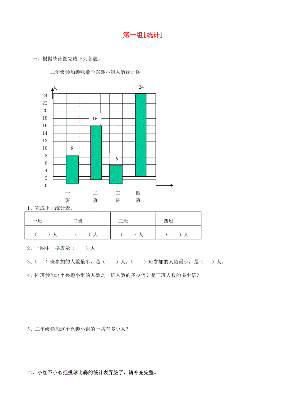 二年级数学下册 专项复习 统计与可能性 第一组 统计 冀教版.doc_第1页