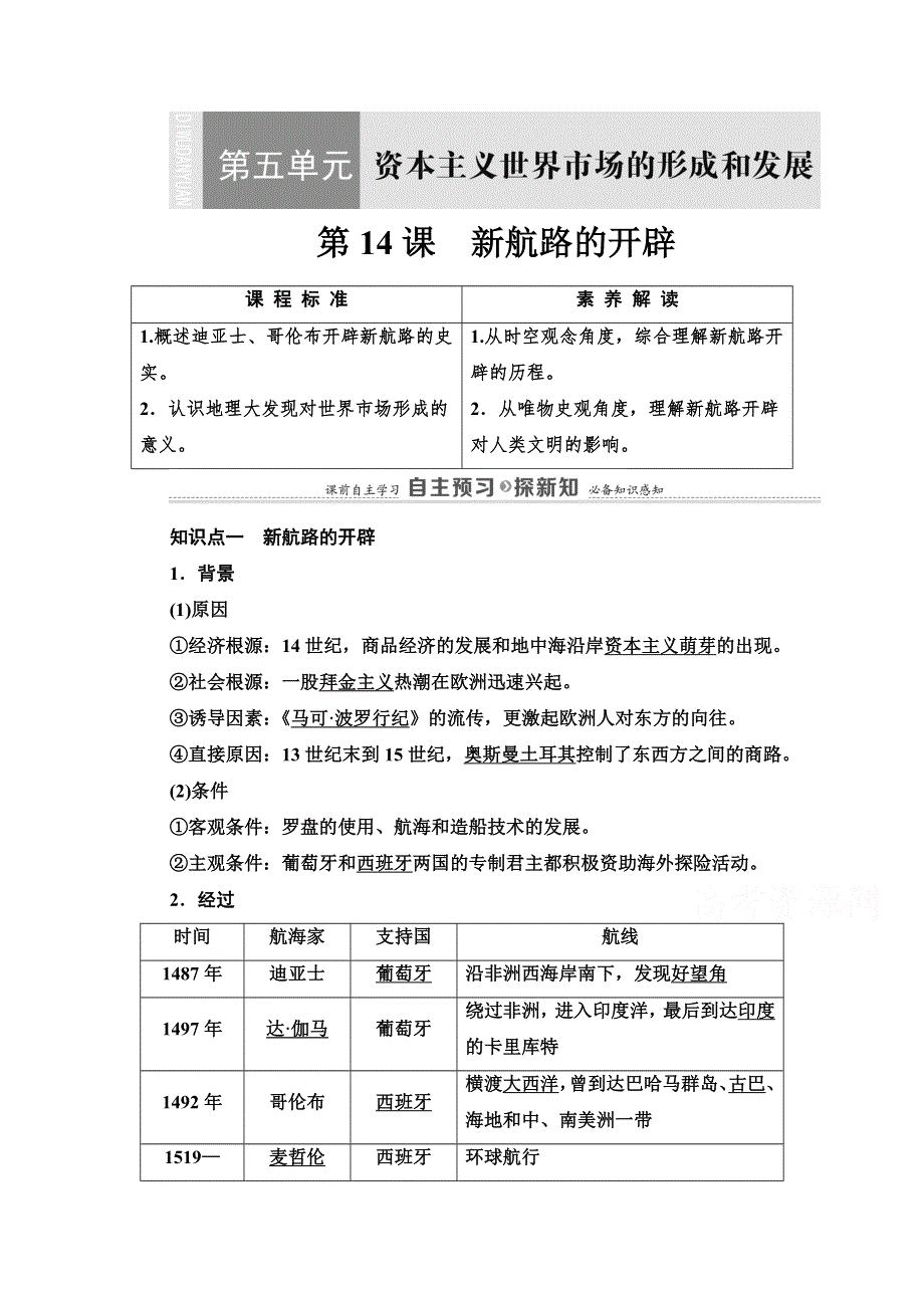 2020-2021学年北师大版历史必修2教师用书：第5单元 第14课　新航路的开辟 WORD版含解析.doc_第1页