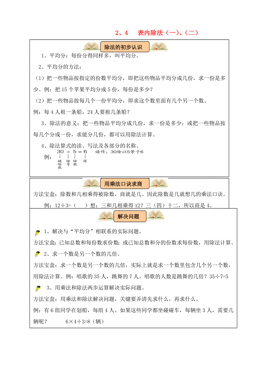 二年级数学下册 教材梳理 数与代数 2 4 表内除法（一）、（二） 新人教版.doc_第1页