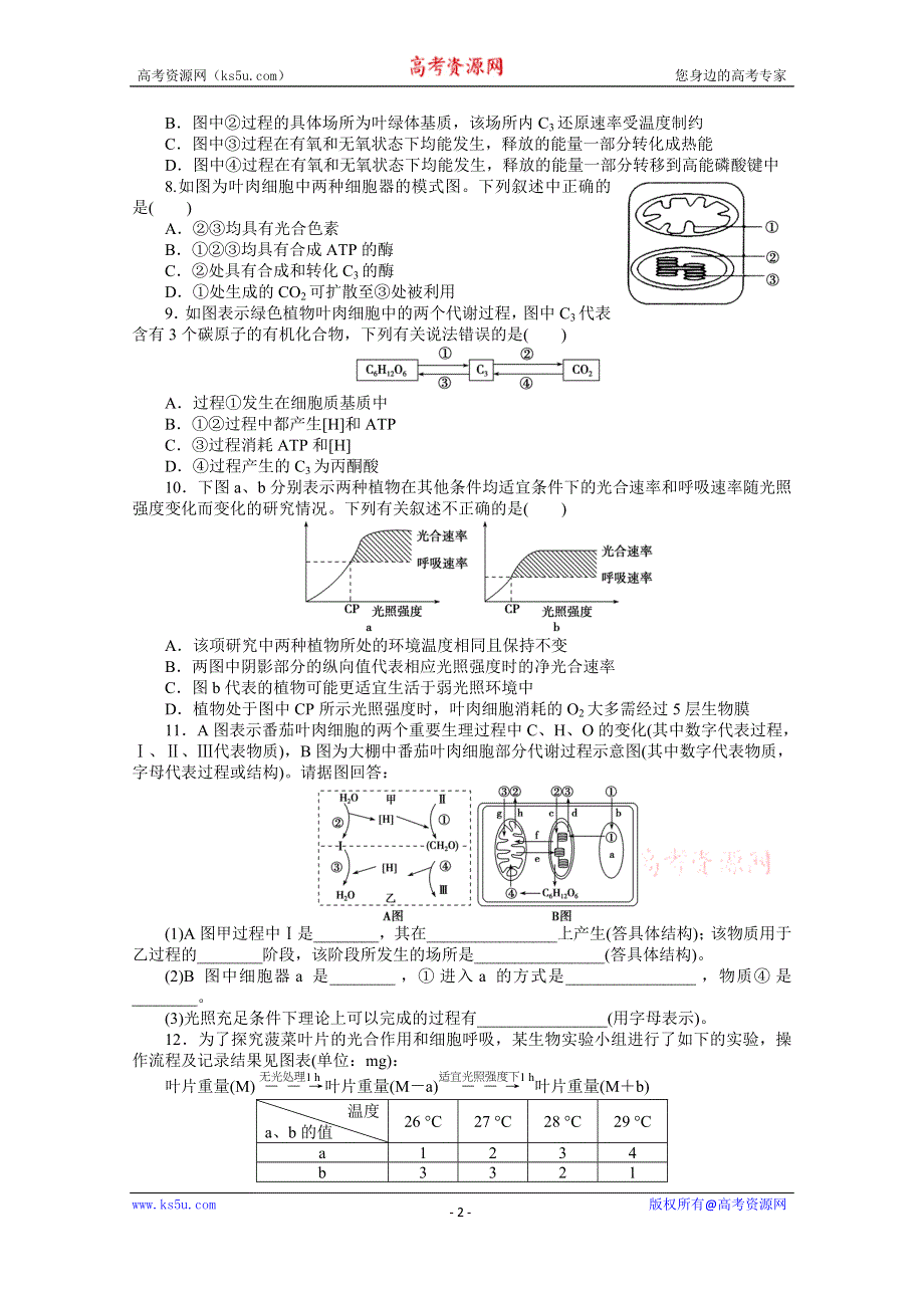 《优化方案》2014届高考生物二轮专题强化训练：专题二第2讲 光合作用和细胞呼吸 WORD版含解析.doc_第2页