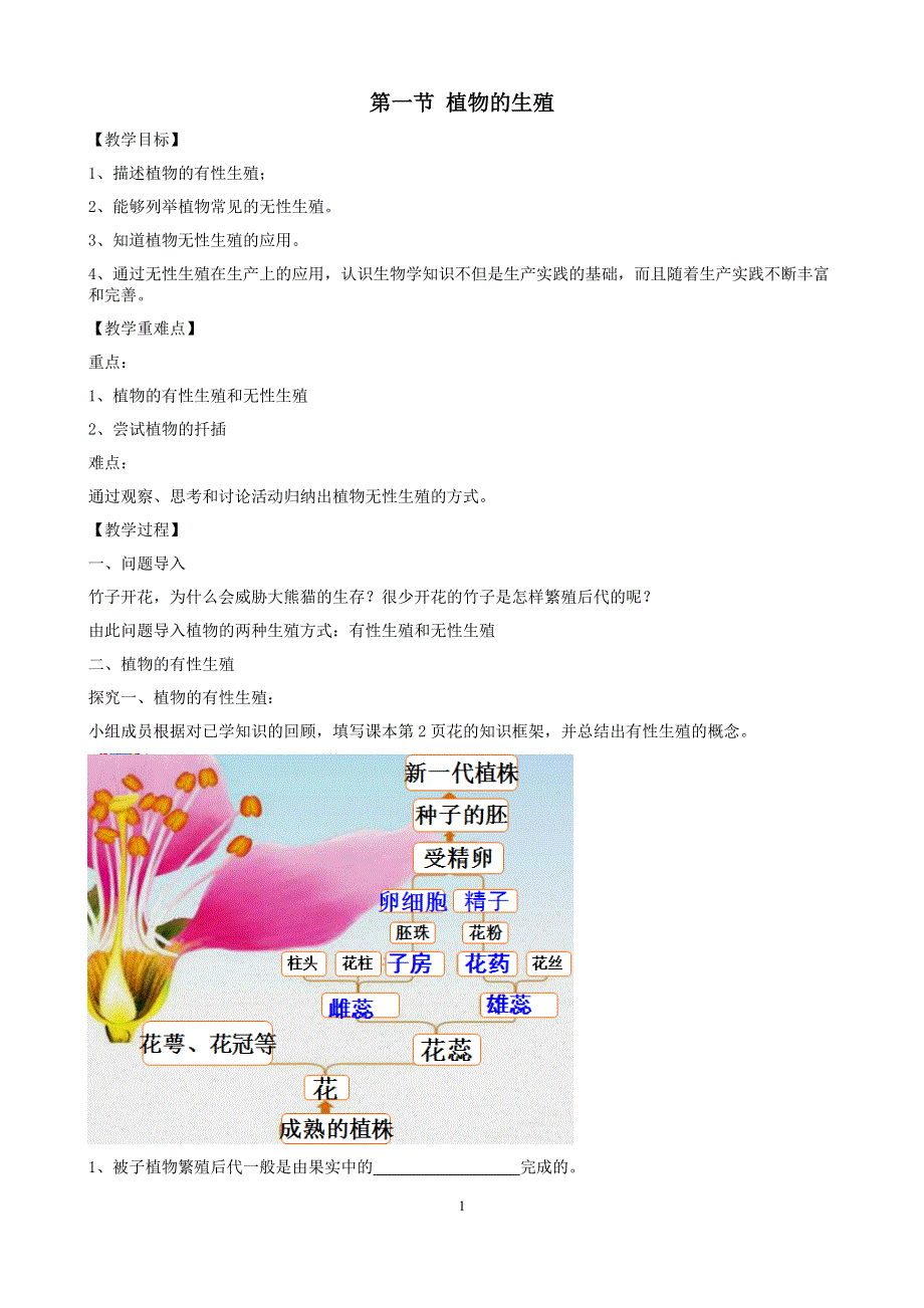 人教版八年级生物下册：第7单元第1章第一节 植物的生殖 教案（2）.doc_第1页