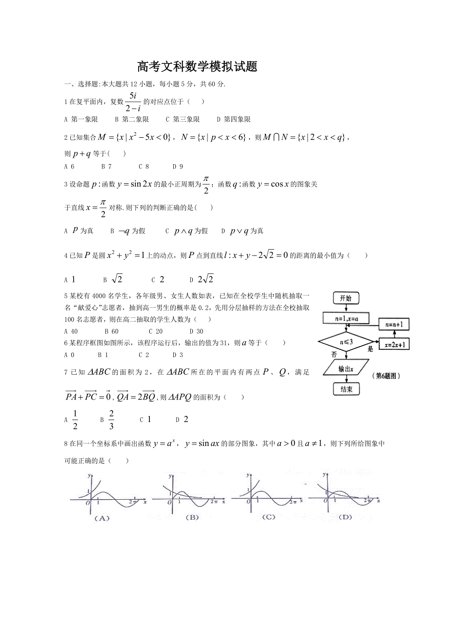 山东省临沂市沂水县第三中学2013届高三4月月考数学（文）试题 WORD版含答案.doc_第1页