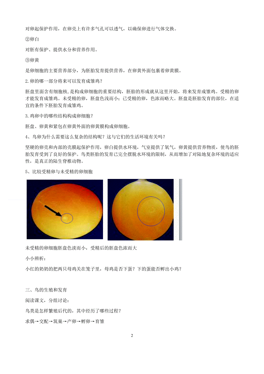 人教版八年级生物下册：第7单元第1章第四节 鸟的生殖和发育 教案（2）.doc_第2页