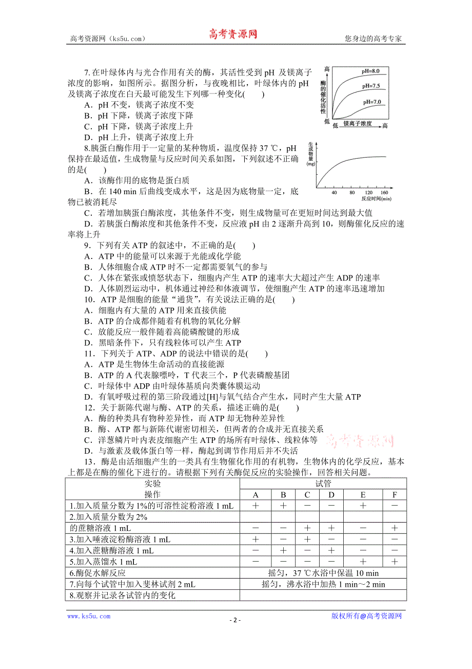 《优化方案》2014届高考生物二轮专题强化训练：专题二第1讲 酶和ATP WORD版含解析.doc_第2页