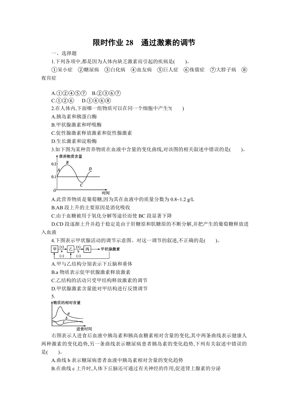 2013届高考生物一轮复习限时作业：28通过激素的调节.doc_第1页