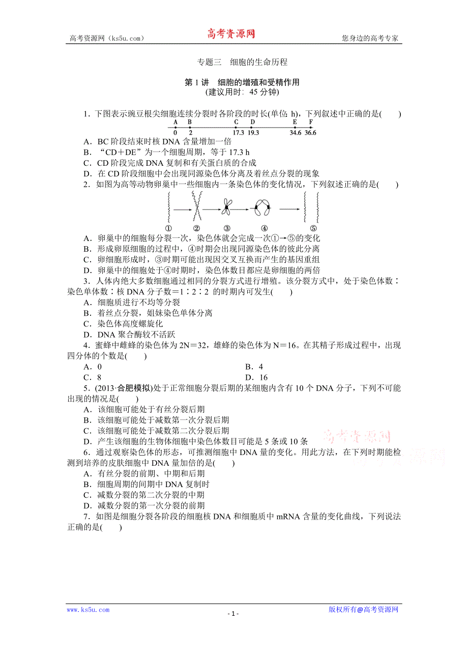 《优化方案》2014届高考生物二轮专题强化训练：专题三第1讲 细胞的增殖和受精作用 WORD版含解析.doc_第1页