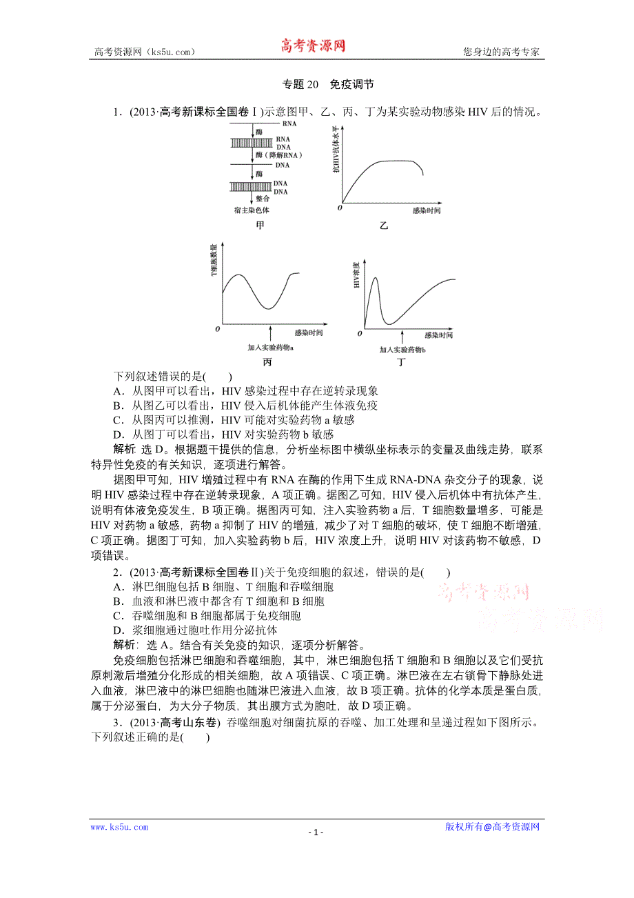 《优化方案》2014届高考生物二轮复习 第七单元 专题20 免疫调节 WORD版含解析.doc_第1页