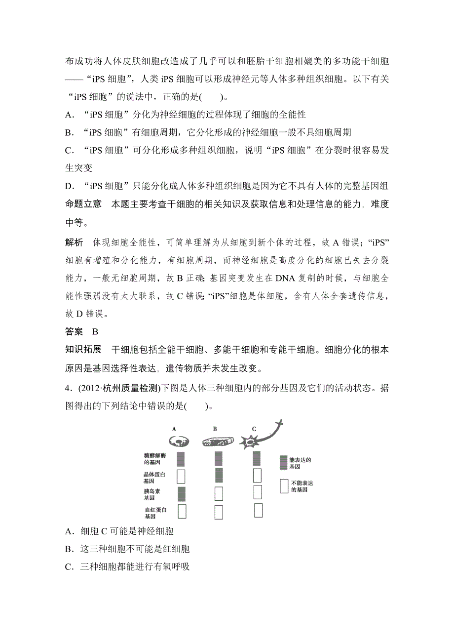 2013届高考生物一轮复习限时训练：1.4.2细胞的分化.doc_第2页