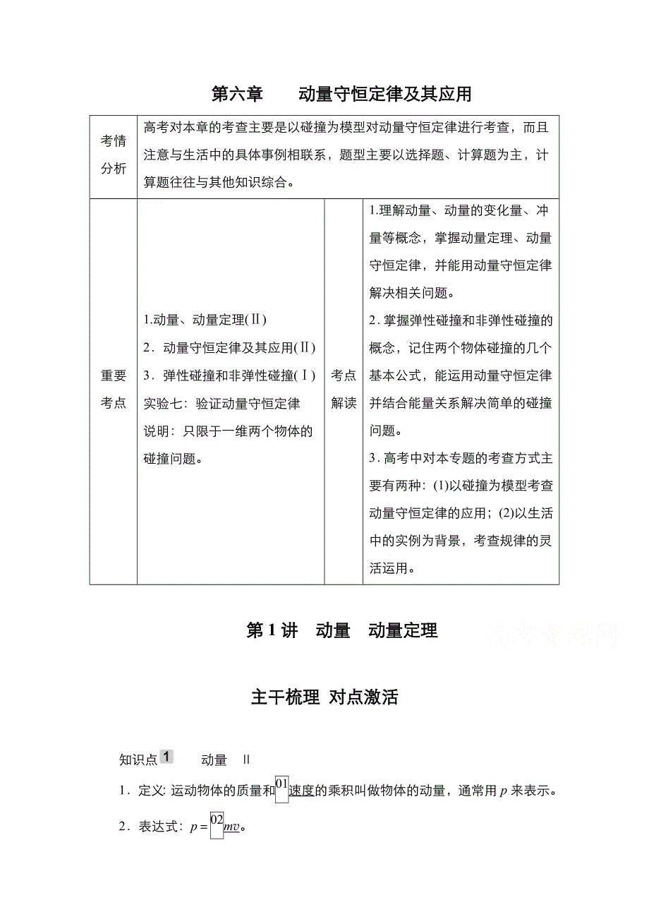 2021届新高考物理一轮复习（选择性考试A方案）学案：第6章 第1讲　动量　动量定理 WORD版含解析.doc_第1页