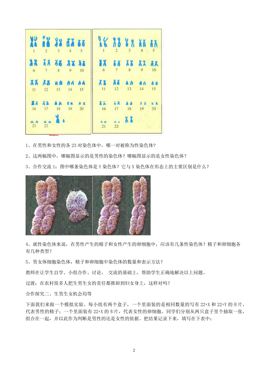 人教版八年级生物下册：第7单元第2章第四节 人的性别遗传 教案（2）.doc_第2页