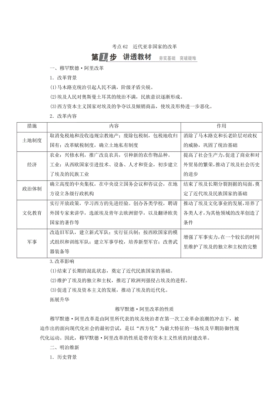 2018年高考历史人民版一轮复习配套教师用书：选修1 历史上重大改革回眸 考点62　近代亚非国家的改革 WORD版含答案.doc_第1页