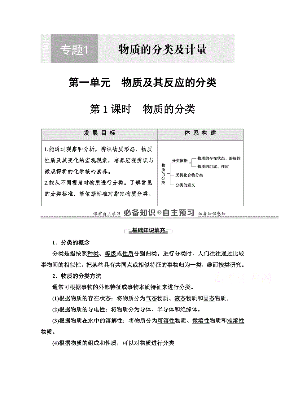 2020-2021学年化学新教材苏教版必修第一册教学案：专题1 第1单元 第1课时　物质的分类 WORD版含解析.doc_第1页