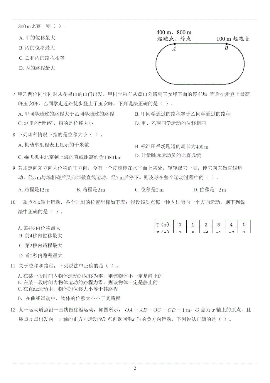 《发布》2022-2023年人教版（2019）高中物理必修一运动的描述重点难点易错点经典专题训练——位移路程问题 WORD版.docx_第2页